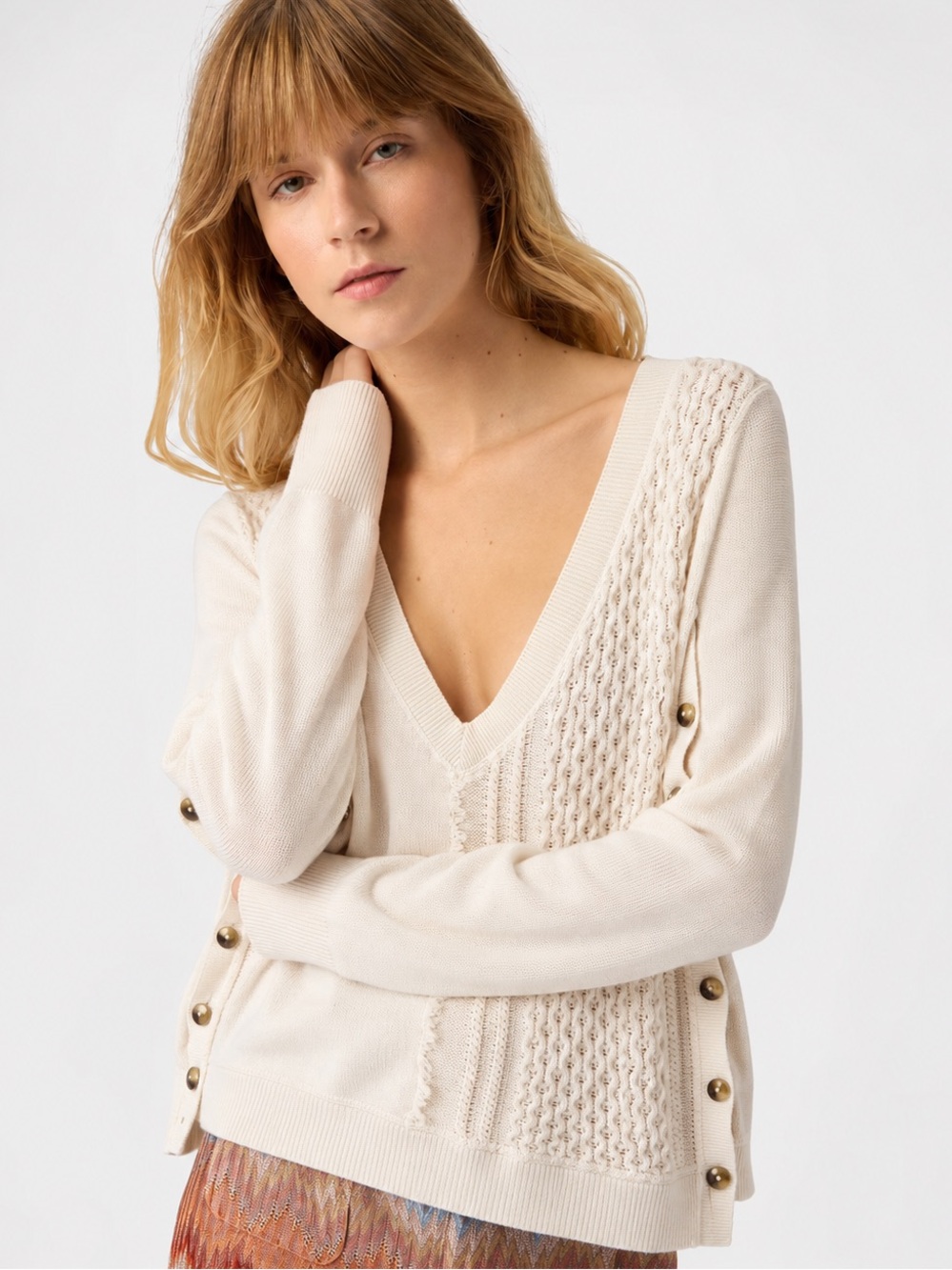 Anthropologie Saturday Sunday Cream Arcana Mixed Knit V-Neck Sweater Button S